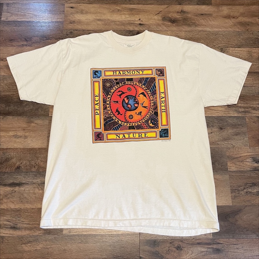 Vintage 1994 Harmony Nature Earth Graphic Tee Single Stitch USA Organic Cotton
